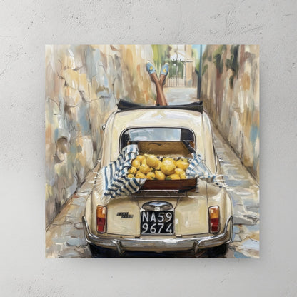 Beige Fiat 500 from behind in Italian alley, basket of lemons on bumper, NA59 9674 Naples license plate, stone alley walls — canvas wall art print