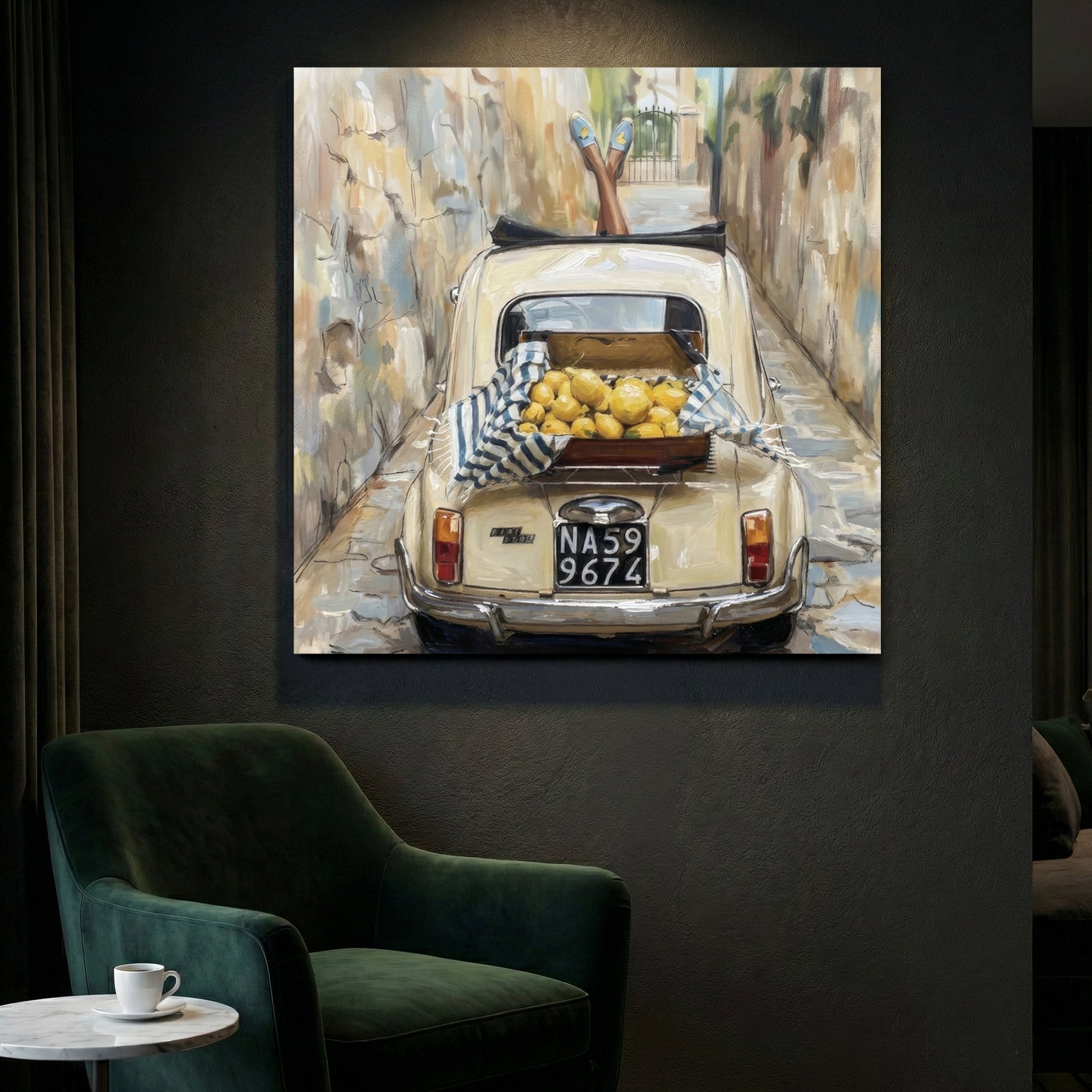 Italian Fiat 500 Lemons Naples Painting canvas wall art print styled in a modern interior