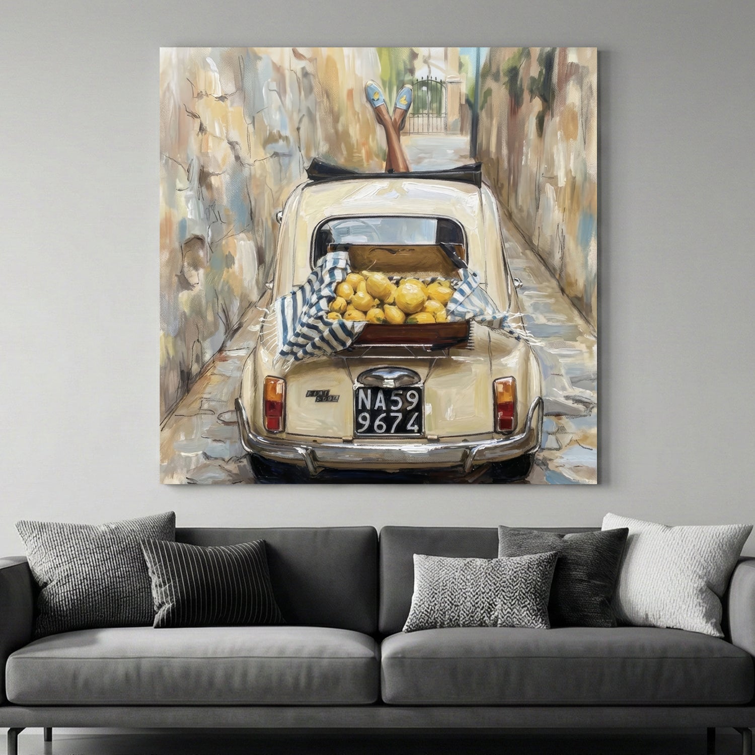 Italian Fiat 500 Lemons Naples Painting canvas wall art print above a sofa in a contemporary living room