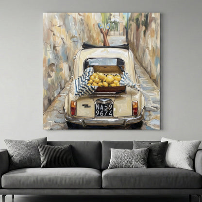 Italian Fiat 500 Lemons Naples Painting canvas wall art print above a sofa in a contemporary living room