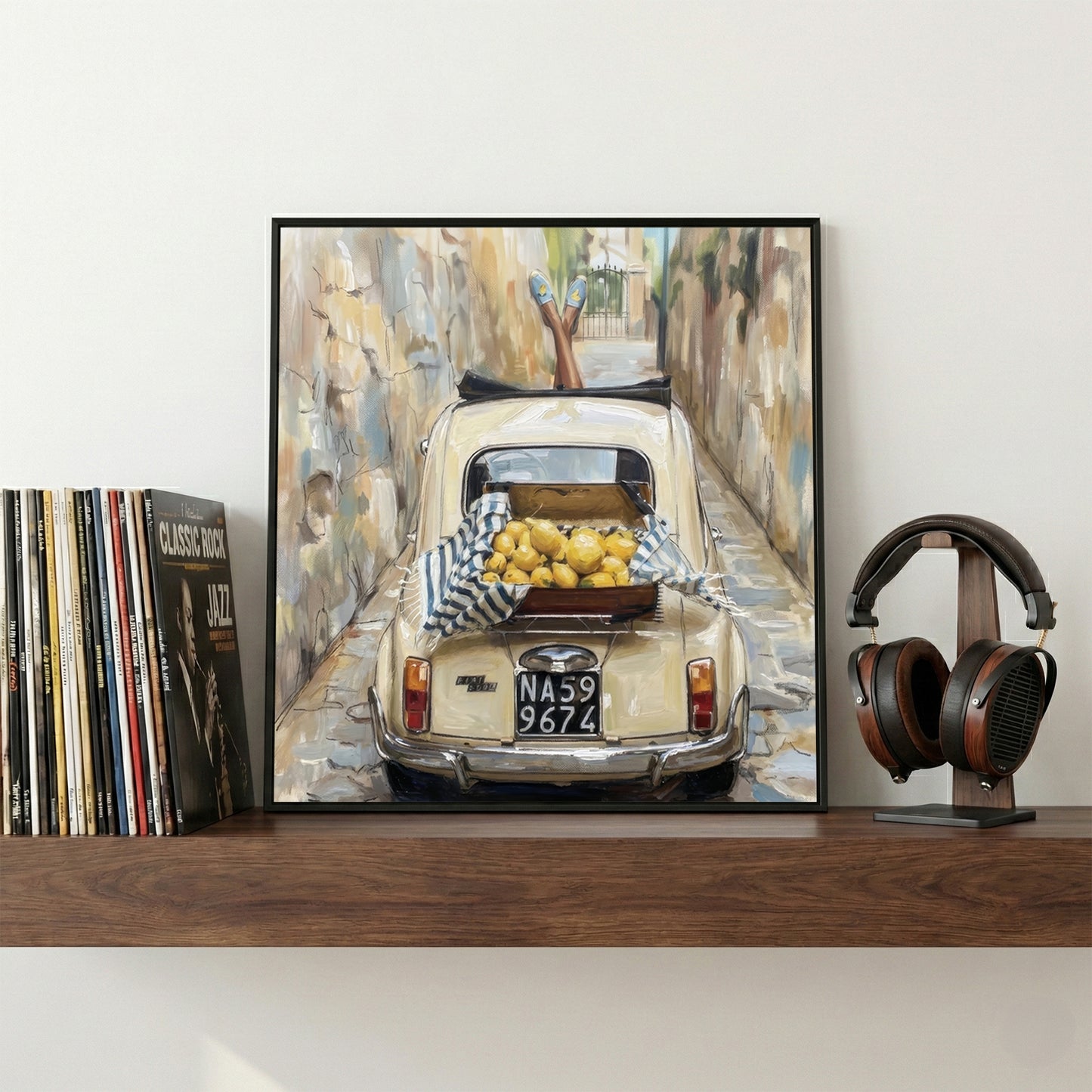 Italian Fiat 500 Lemons Naples Painting framed canvas wall art print in a gallery-style display