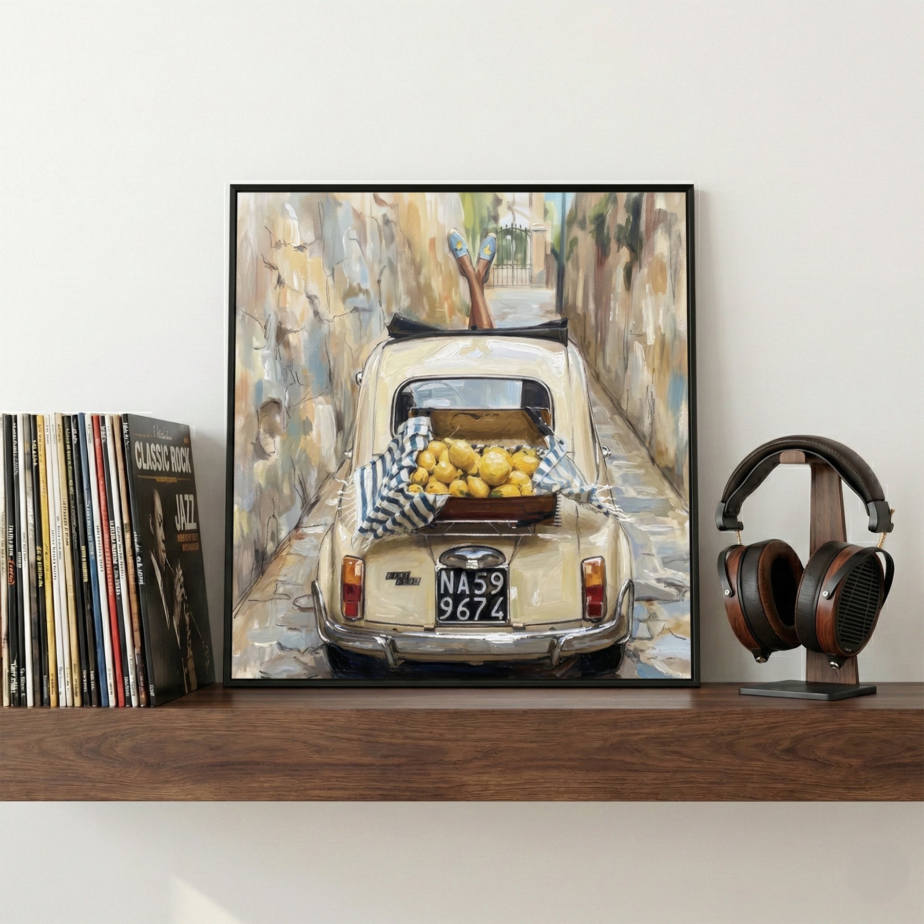 Italian Fiat 500 Lemons Naples Painting framed canvas wall art print in a gallery-style display