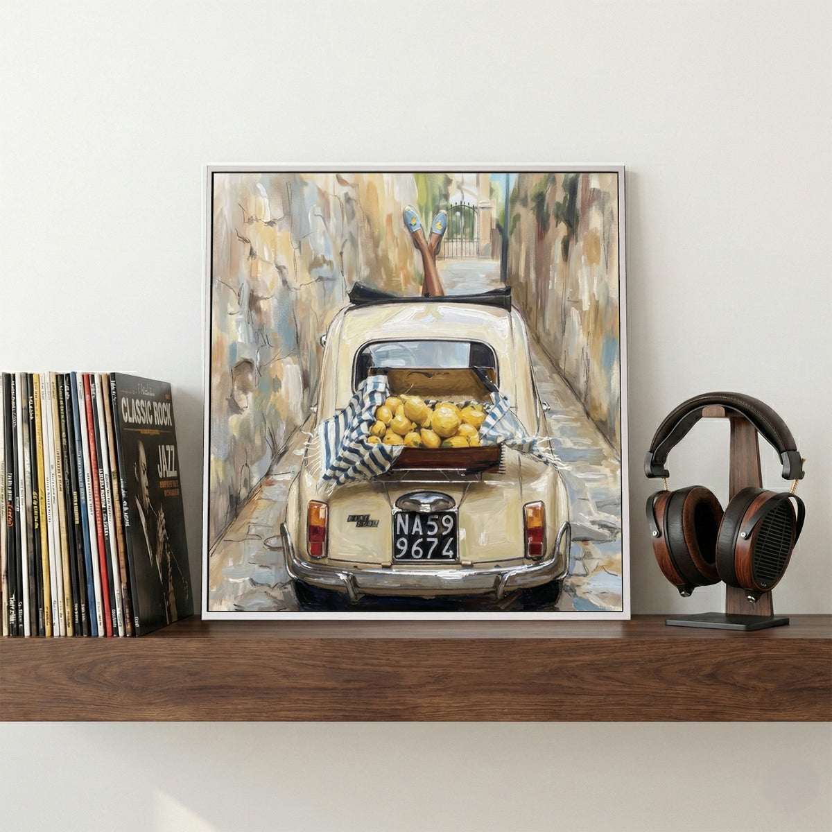 Italian Fiat 500 Lemons Naples Painting canvas wall art print displayed in a styled living room