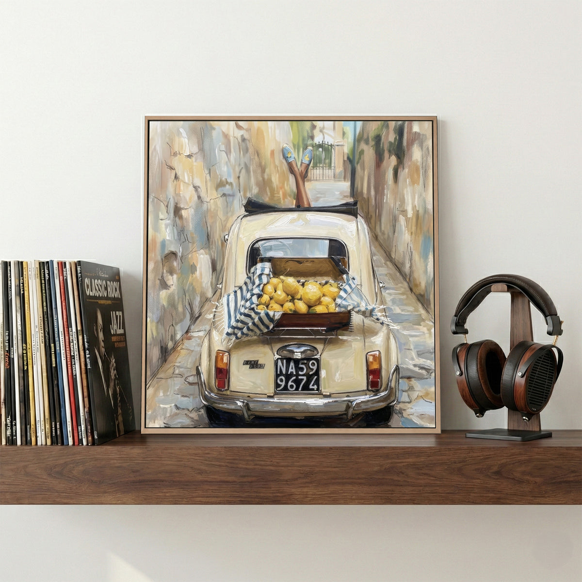 Italian Fiat 500 Lemons Naples Painting canvas wall art print displayed in a styled living room