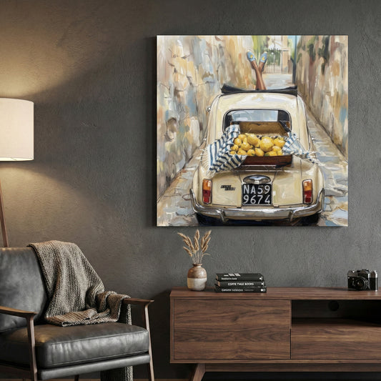 Italian Fiat 500 Lemons Naples Painting canvas wall art print displayed in a styled living room