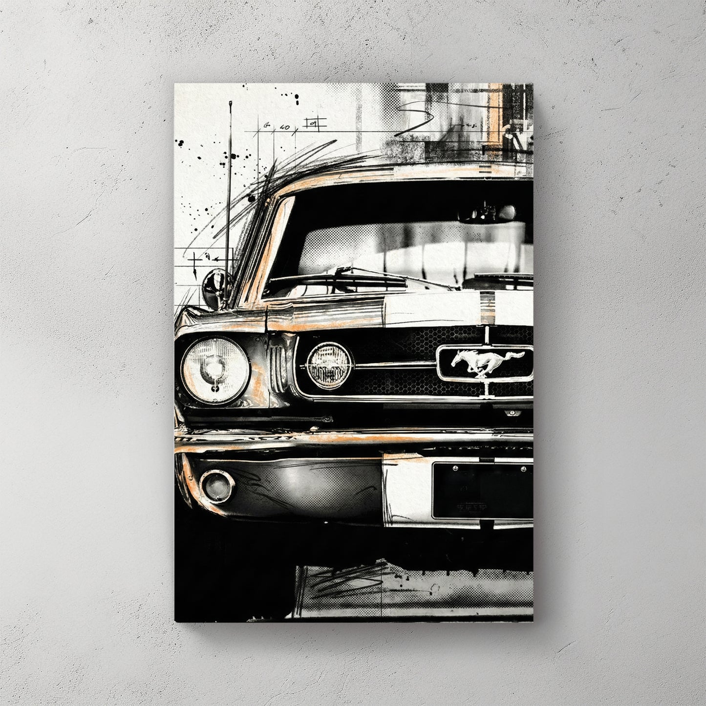 Vintage 1960s Ford Mustang front grille, black and white sketch with blueprint lines, orange highlights — canvas wall art print