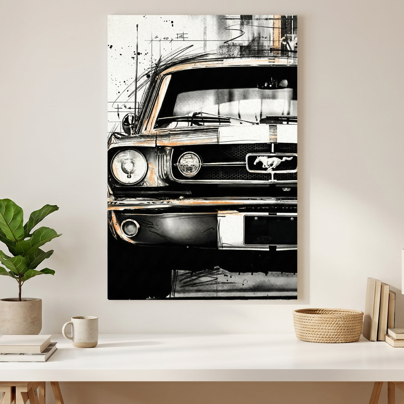 Ford Mustang Vintage Sketch canvas wall art print styled in a modern interior