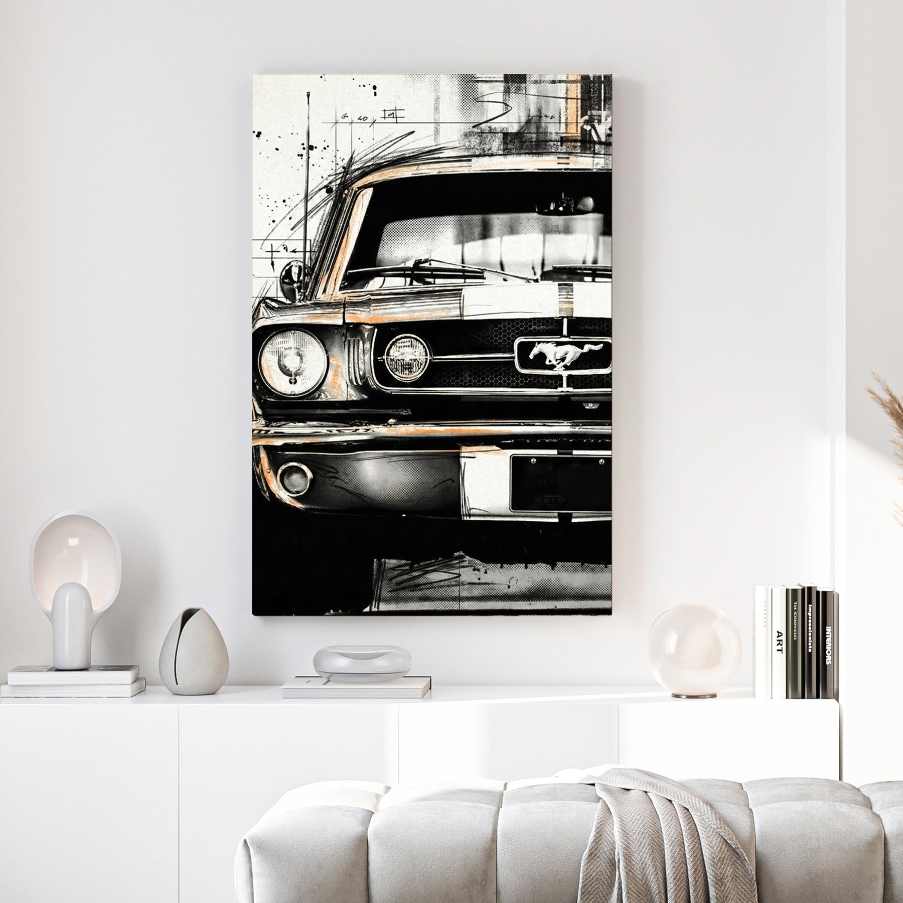 Ford Mustang Vintage Sketch canvas wall art print above a sofa in a contemporary living room