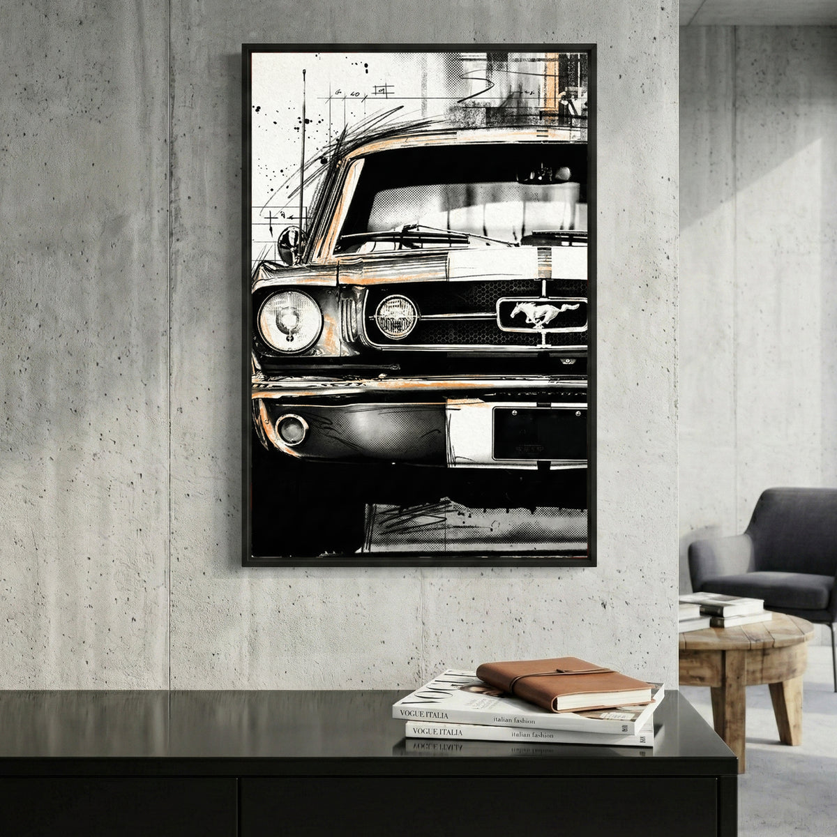 Ford Mustang Vintage Sketch framed canvas wall art print in a gallery-style display
