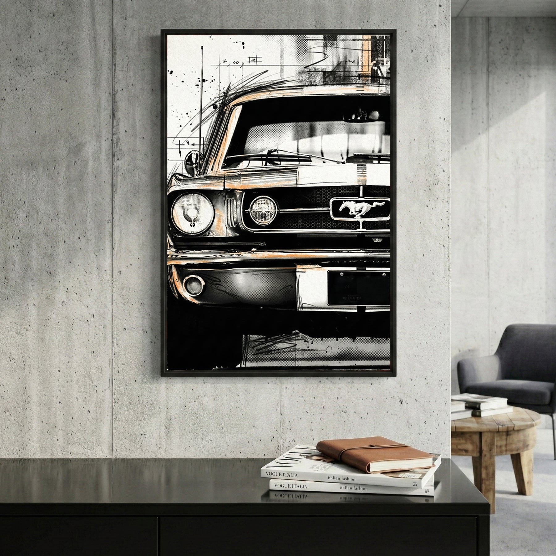 Ford Mustang Vintage Sketch framed canvas wall art print in a gallery-style display