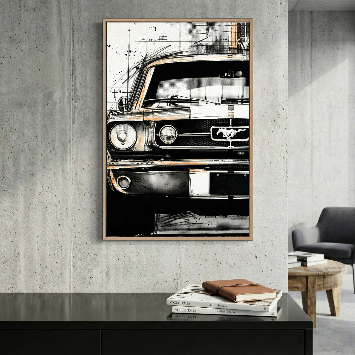 Ford Mustang Vintage Sketch canvas wall art print displayed in a styled living room