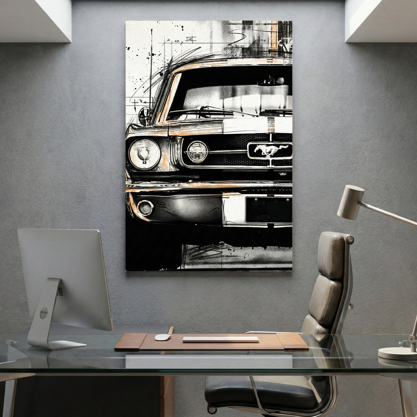 Ford Mustang Vintage Sketch canvas wall art print displayed in a styled living room