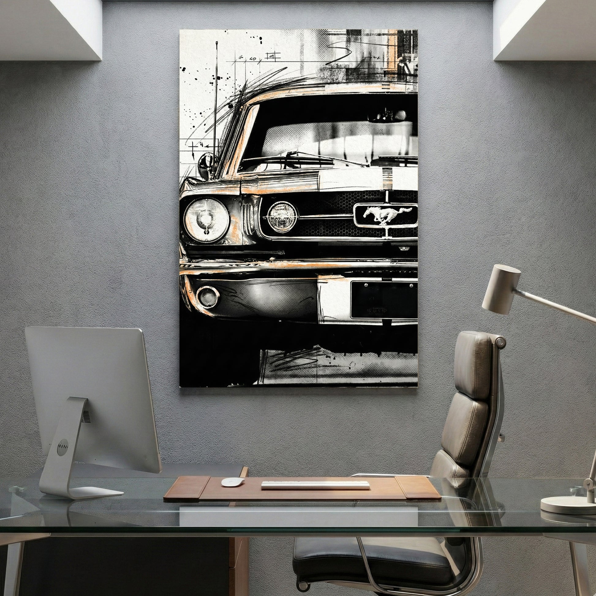 Ford Mustang Vintage Sketch canvas wall art print displayed in a styled living room