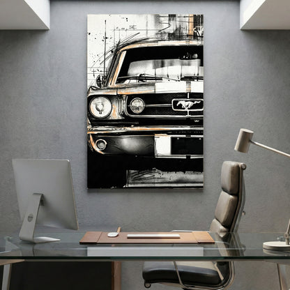 Ford Mustang Vintage Sketch canvas wall art print displayed in a styled living room