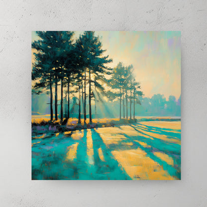 Pine trees in a meadow at golden hour, oil painting style with thick brushstrokes, teal and gold palette, long shadows, sun cutting sideways through trunks — canvas wall art print