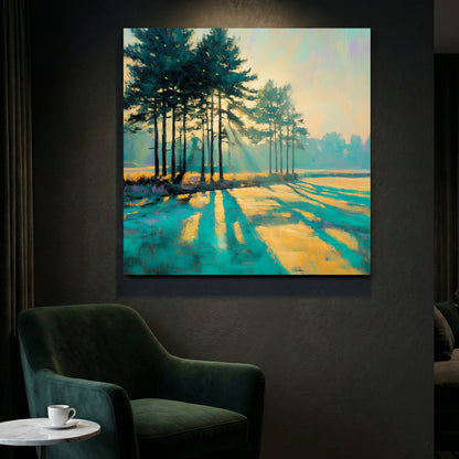 Sunlit Pine Trees Meadow Painting canvas wall art print styled in a modern interior