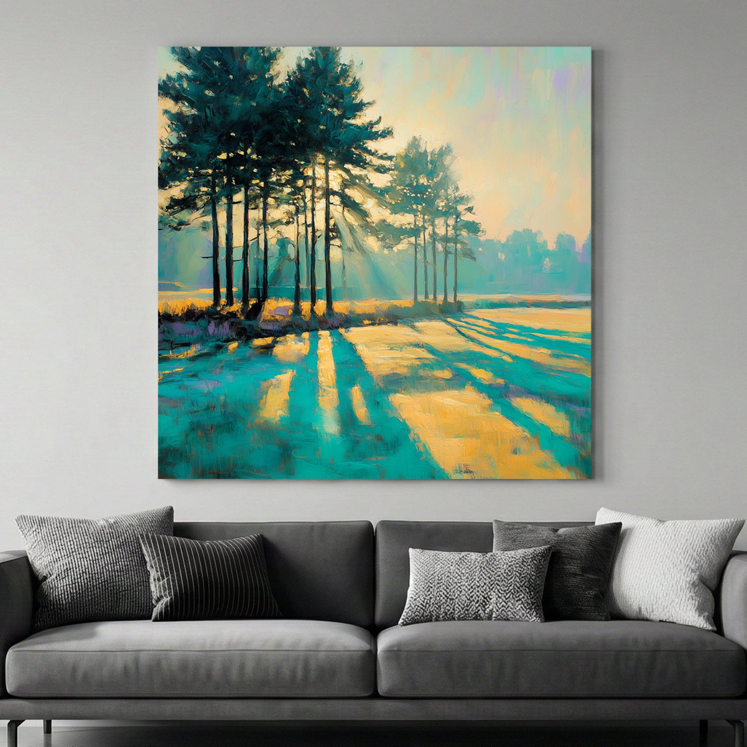 Sunlit Pine Trees Meadow Painting canvas wall art print above a sofa in a contemporary living room