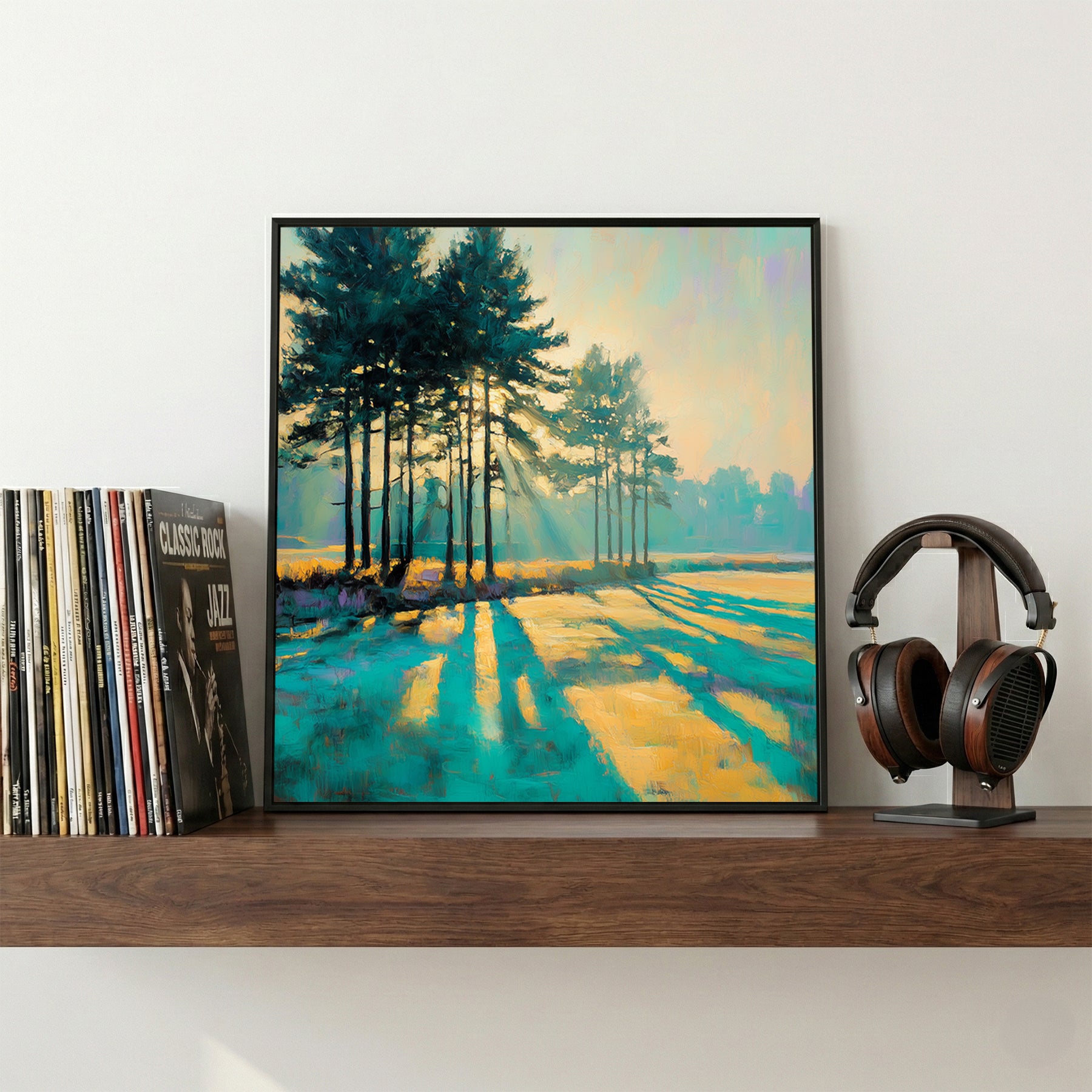Sunlit Pine Trees Meadow Painting framed canvas wall art print in a gallery-style display