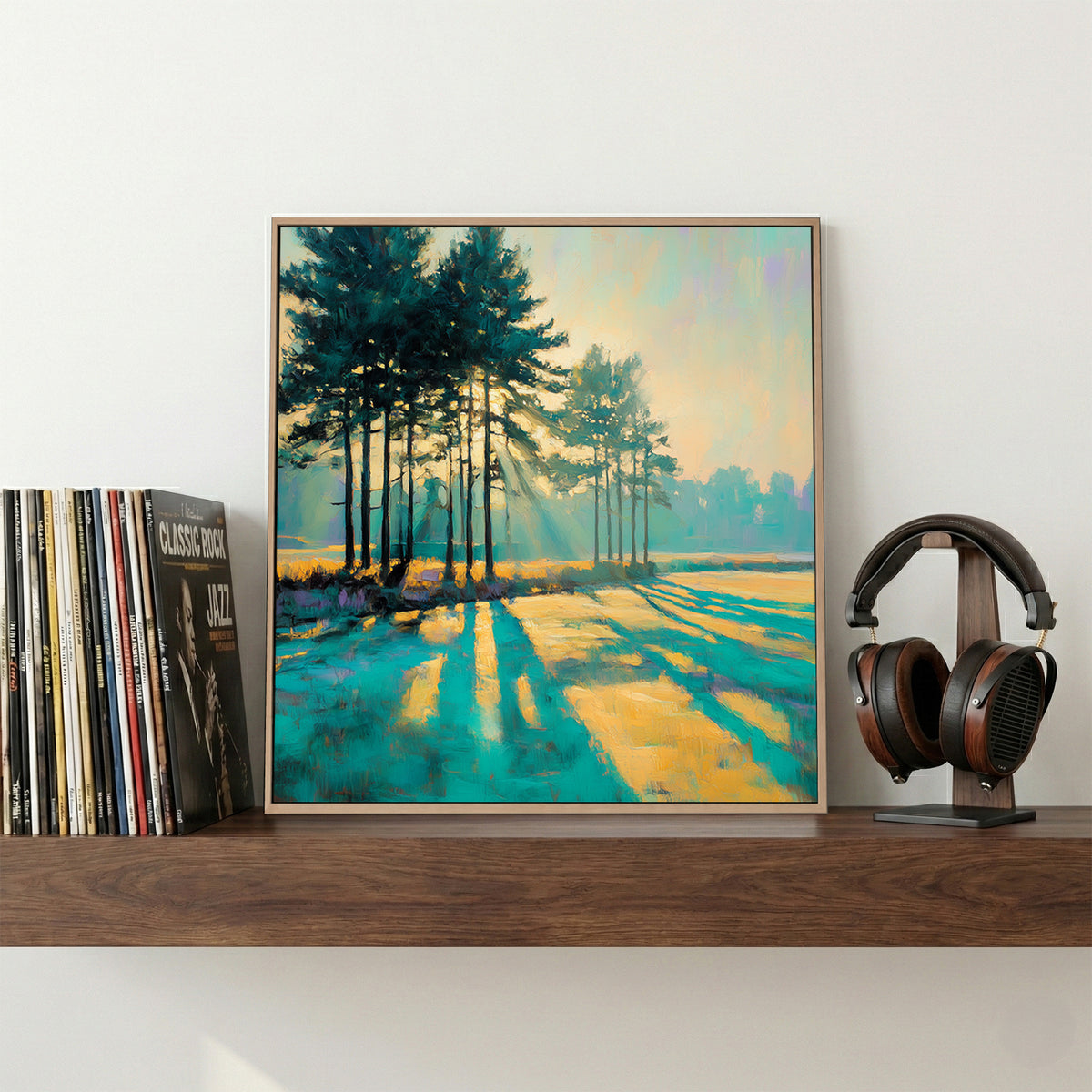 Sunlit Pine Trees Meadow Painting canvas wall art print displayed in a styled living room