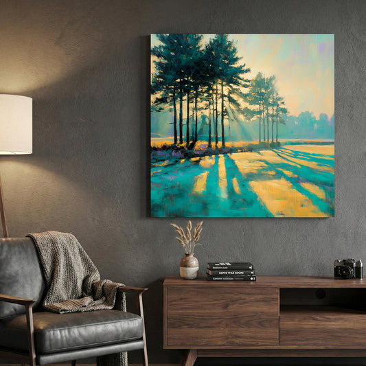 Sunlit Pine Trees Meadow Painting canvas wall art print displayed in a styled living room