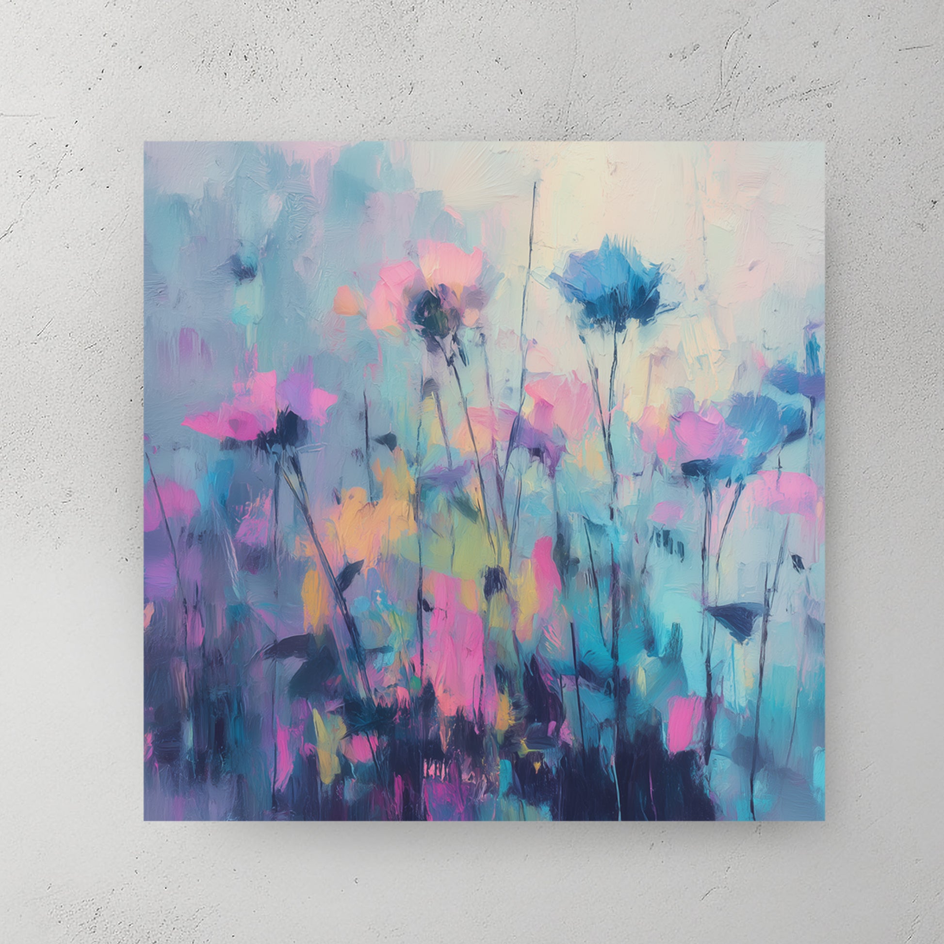 Wildflower field; cyan, pink, magenta, yellow; misty atmospheric brushwork; soft blurred florals — canvas wall art print