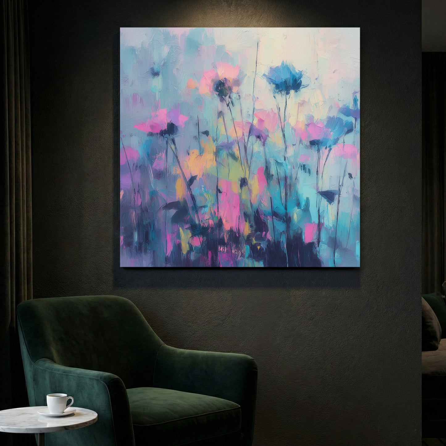 Pink Blue Wildflowers Field Abstract Painting canvas wall art print styled in a modern interior