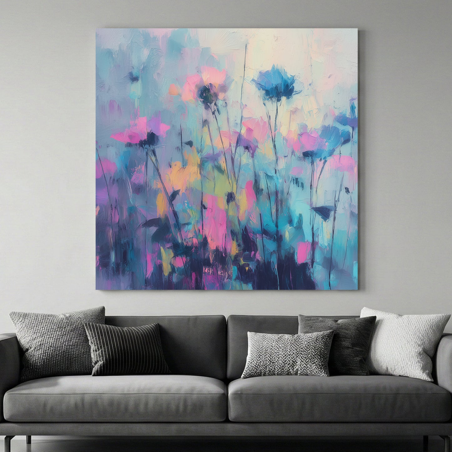 Pink Blue Wildflowers Field Abstract Painting canvas wall art print above a sofa in a contemporary living room