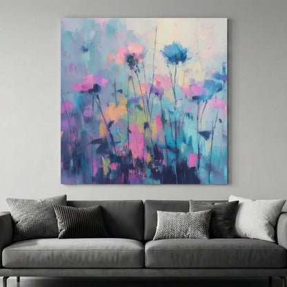 Pink Blue Wildflowers Field Abstract Painting canvas wall art print above a sofa in a contemporary living room