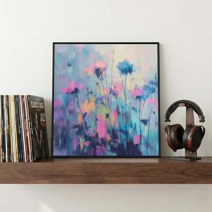Pink Blue Wildflowers Field Abstract Painting framed canvas wall art print in a gallery-style display