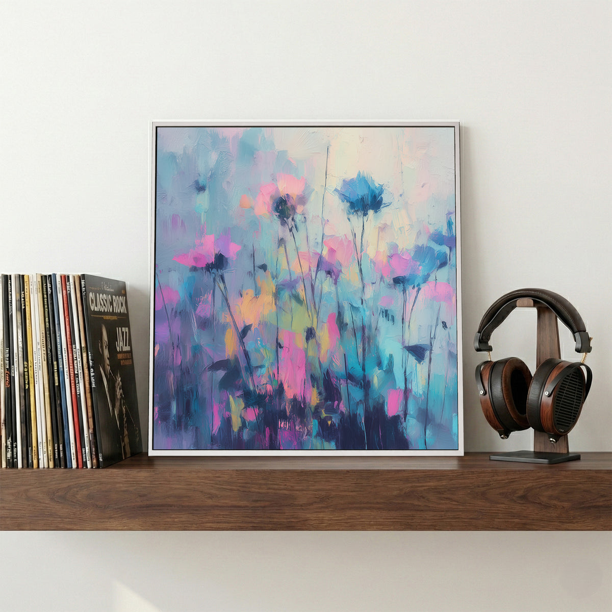Pink Blue Wildflowers Field Abstract Painting canvas wall art print displayed in a styled living room