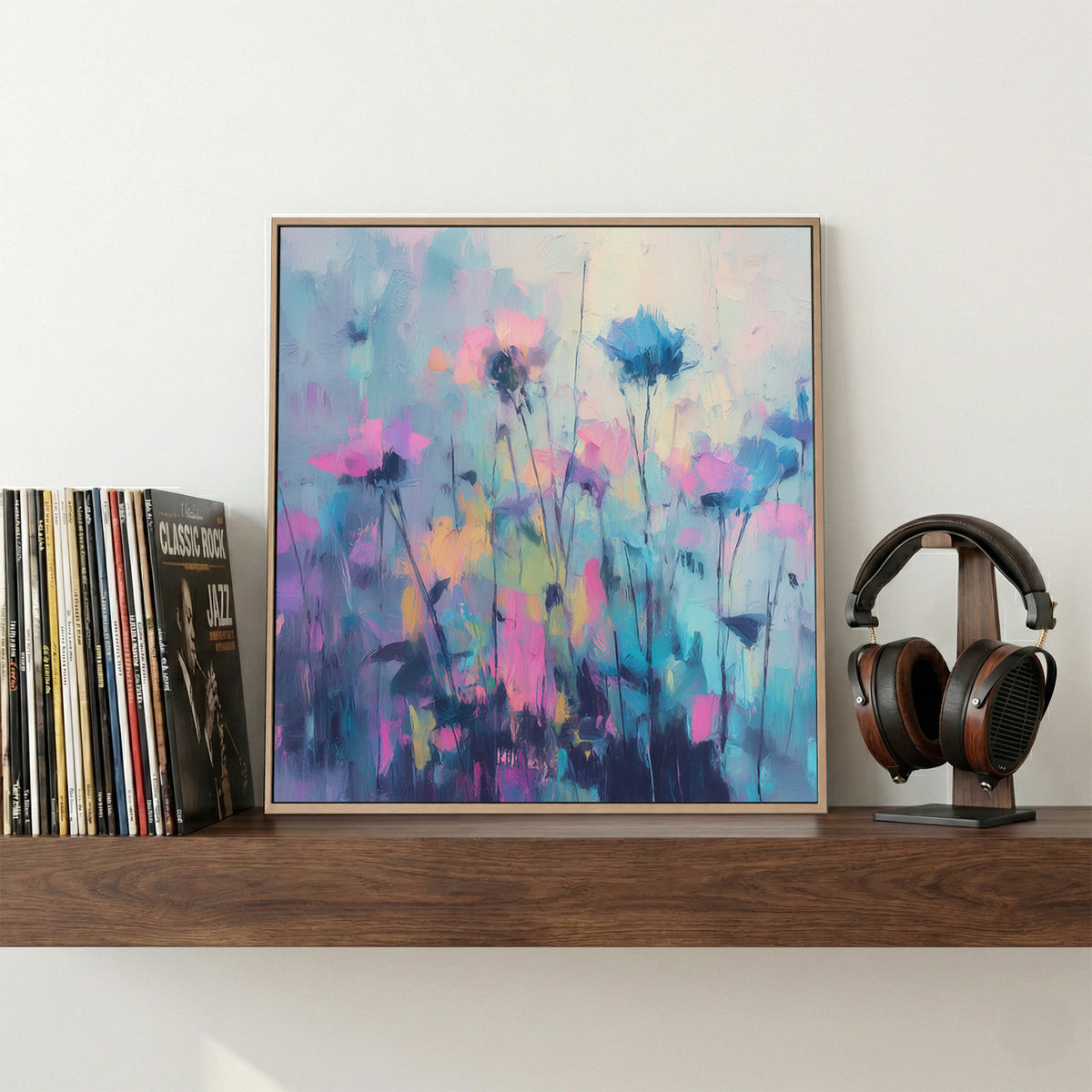 Pink Blue Wildflowers Field Abstract Painting canvas wall art print displayed in a styled living room