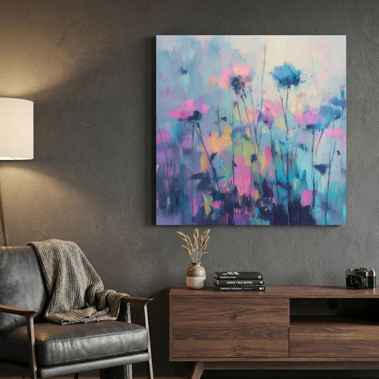 Pink Blue Wildflowers Field Abstract Painting canvas wall art print displayed in a styled living room