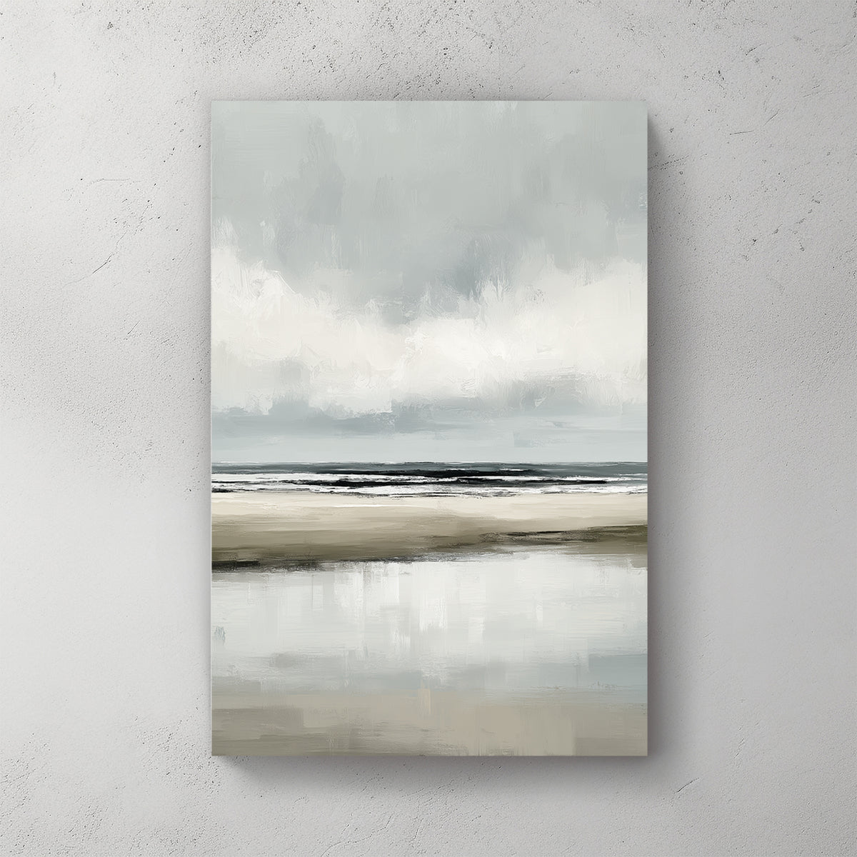Minimalist beach, grey water, grey clouds, soft sand, wet reflection, muted — canvas wall art print