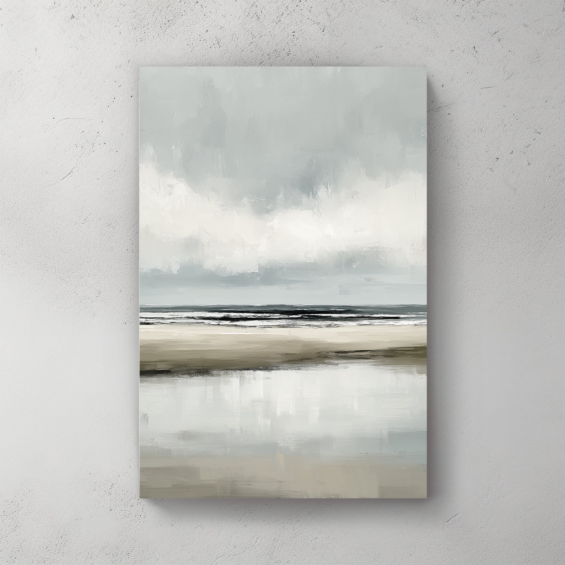 Minimalist beach, grey water, grey clouds, soft sand, wet reflection, muted — canvas wall art print
