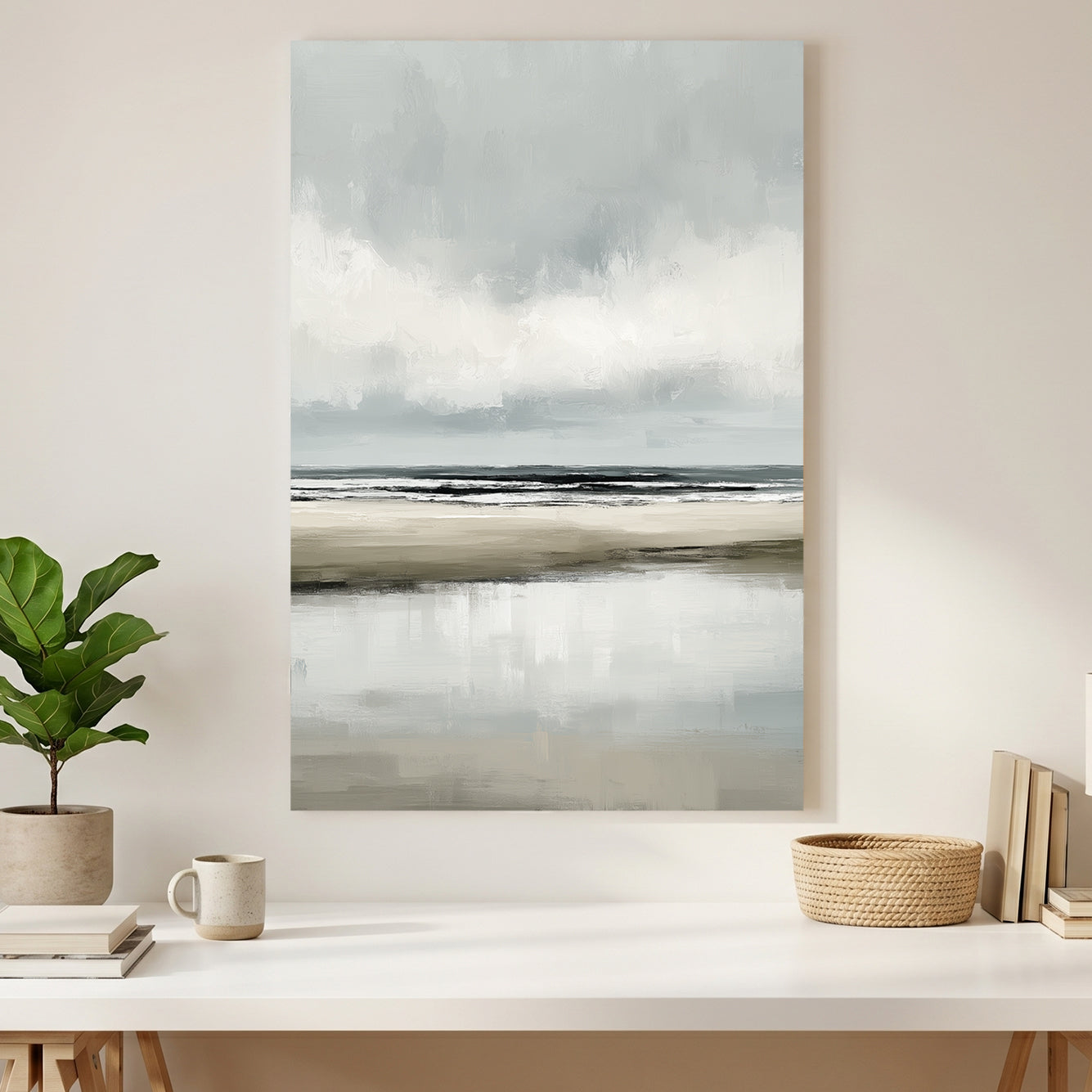 Grey Minimalist Beach Coastal Painting canvas wall art print styled in a modern interior
