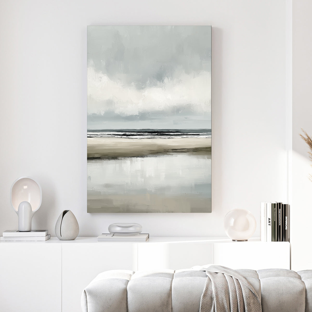 Grey Minimalist Beach Coastal Painting canvas wall art print above a sofa in a contemporary living room