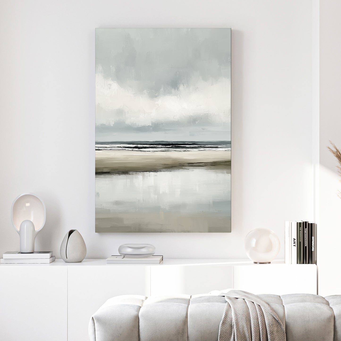 Grey Minimalist Beach Coastal Painting canvas wall art print above a sofa in a contemporary living room