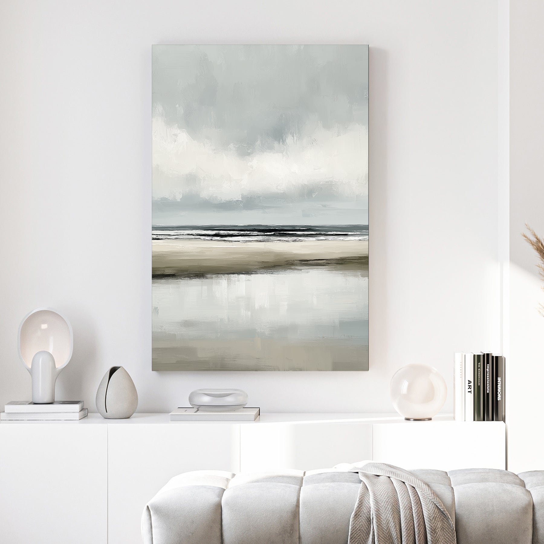 Grey Minimalist Beach Coastal Painting canvas wall art print above a sofa in a contemporary living room
