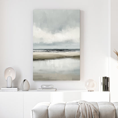 Grey Minimalist Beach Coastal Painting canvas wall art print above a sofa in a contemporary living room
