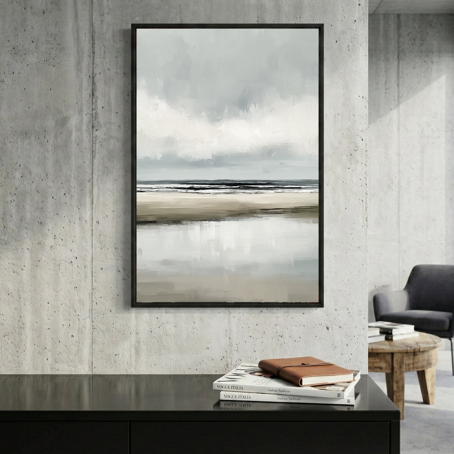 Grey Minimalist Beach Coastal Painting framed canvas wall art print in a gallery-style display