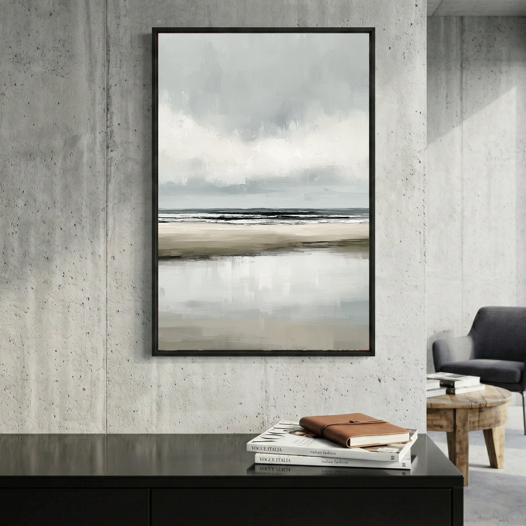 Grey Minimalist Beach Coastal Painting framed canvas wall art print in a gallery-style display