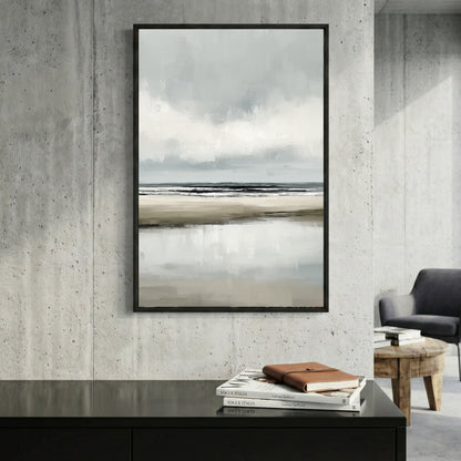 Grey Minimalist Beach Coastal Painting framed canvas wall art print in a gallery-style display