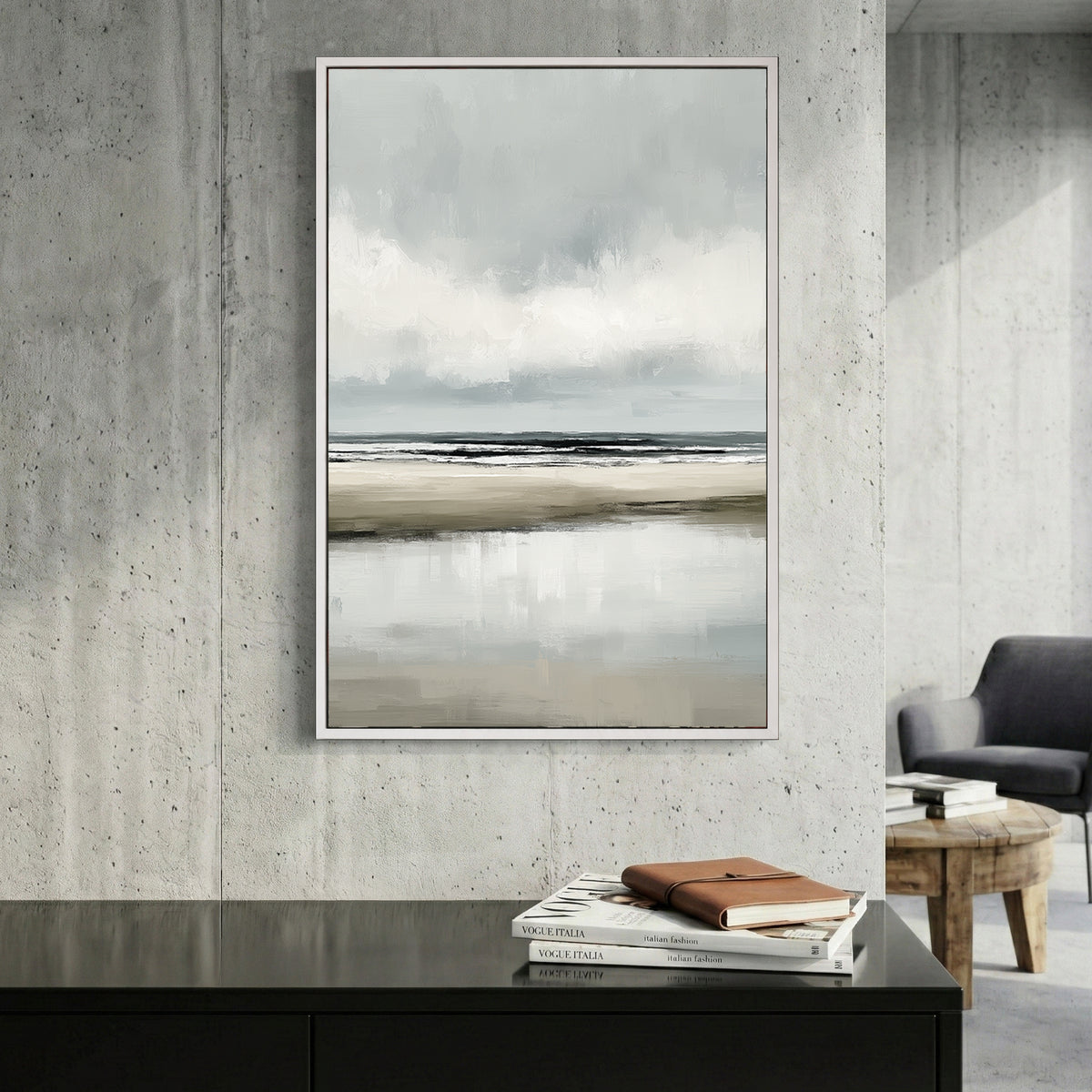 Grey Minimalist Beach Coastal Painting canvas wall art print displayed in a styled living room