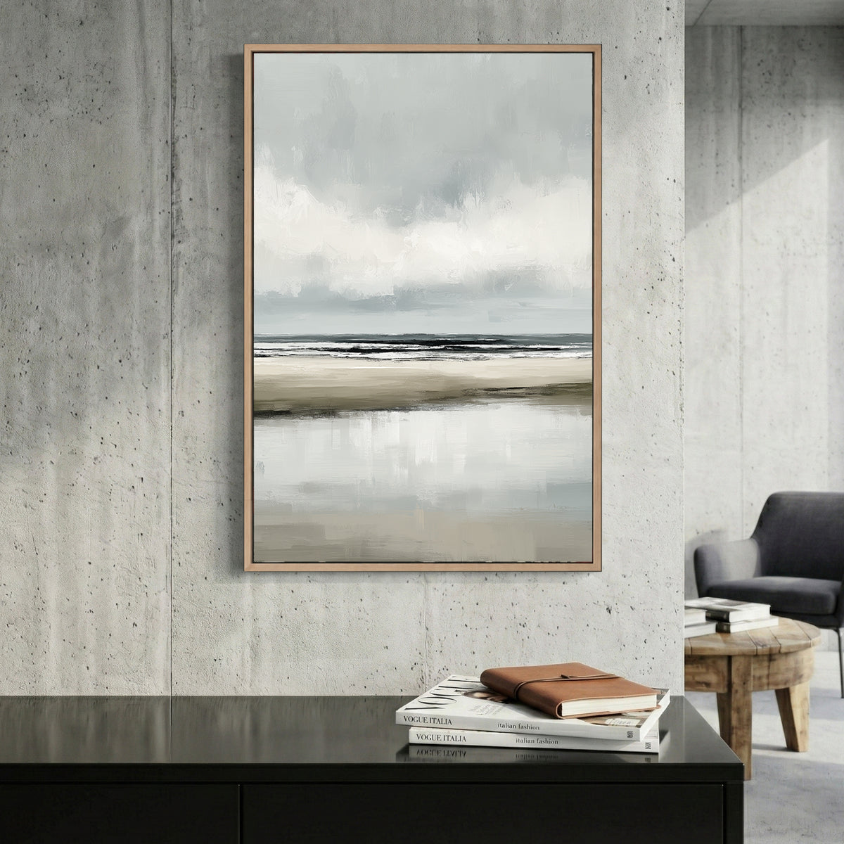 Grey Minimalist Beach Coastal Painting canvas wall art print displayed in a styled living room