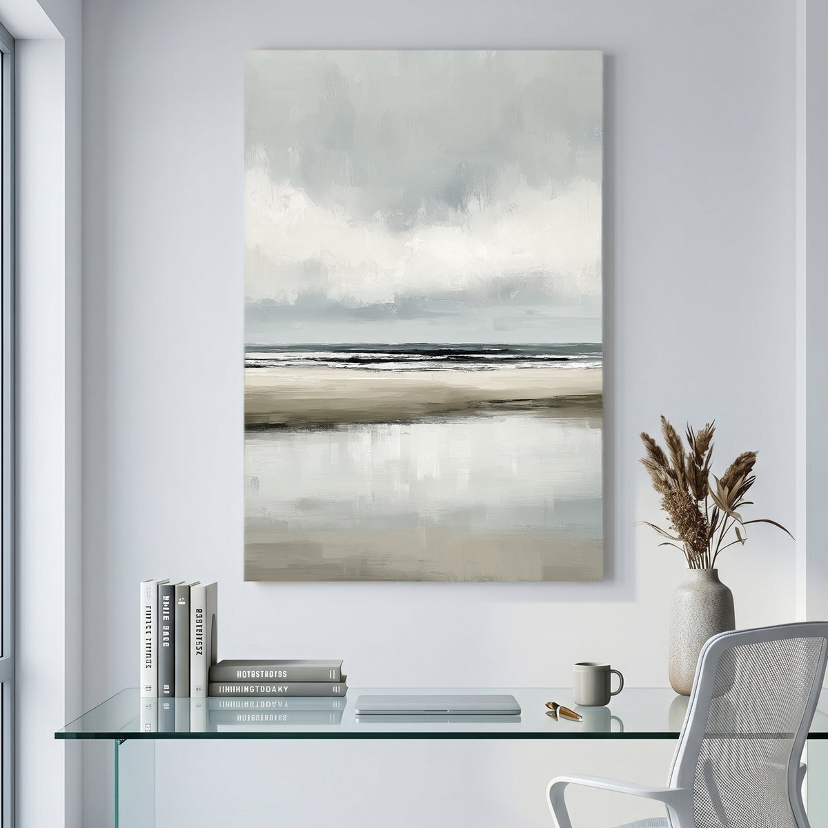Grey Minimalist Beach Coastal Painting canvas wall art print displayed in a styled living room