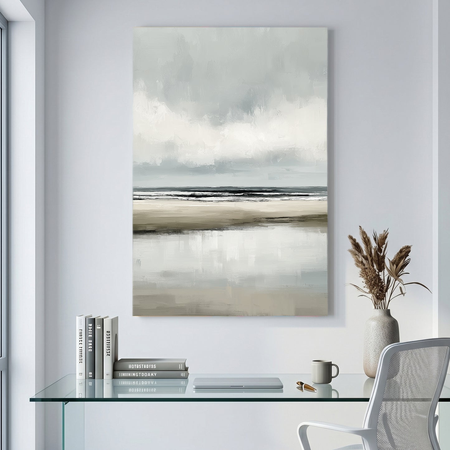 Grey Minimalist Beach Coastal Painting canvas wall art print displayed in a styled living room