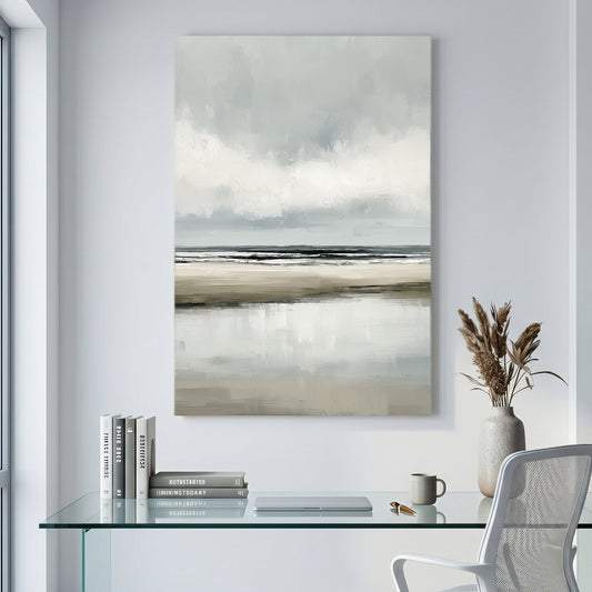 Grey Minimalist Beach Coastal Painting canvas wall art print displayed in a styled living room