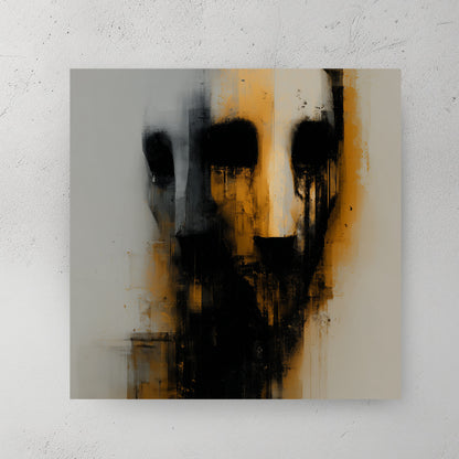 Dark faceless figure, smudged, gold and black, abstract horror, monochrome with gold accent — canvas wall art print