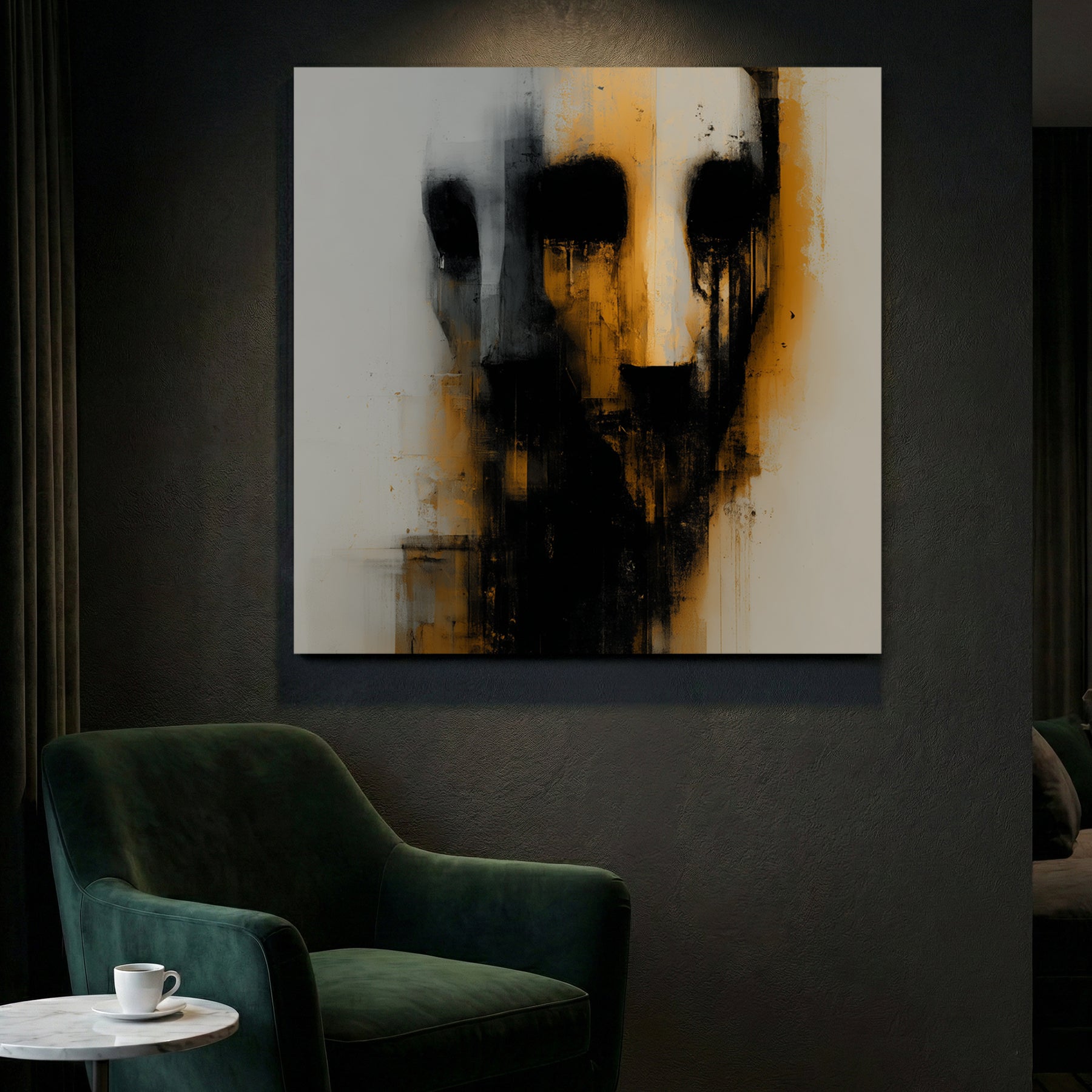 Dark Faceless Figure Abstract canvas wall art print styled in a modern interior