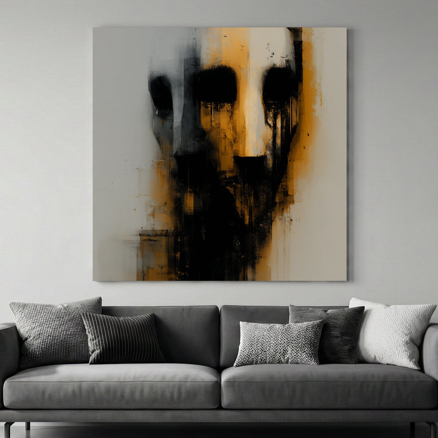 Dark Faceless Figure Abstract canvas wall art print above a sofa in a contemporary living room